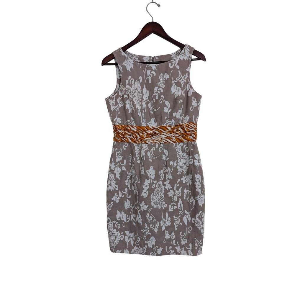 Taylor Womens Floral Damask Sheath Dress Taupe Orange Silk Sash Size 8 Exotic